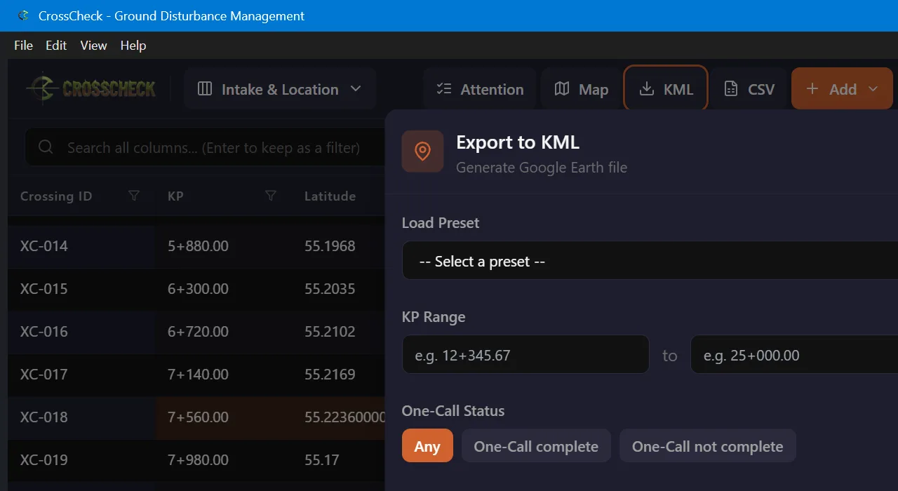 CrossCheck KML export window with preset, chainage range, One Call status and crossing type filters.