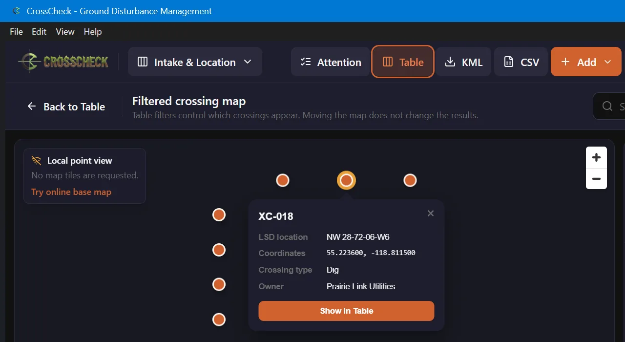 CrossCheck map with one crossing selected and its ID, legal location, coordinates, type and owner visible.